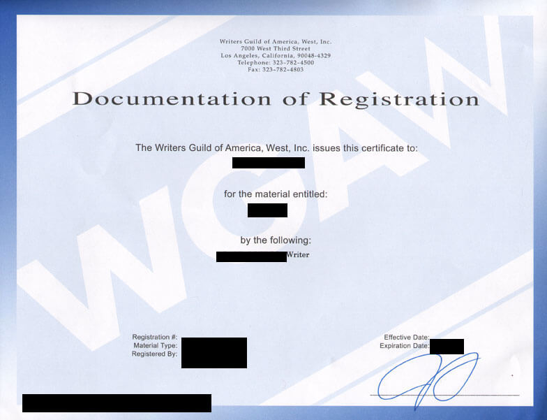 wga registration certificate example